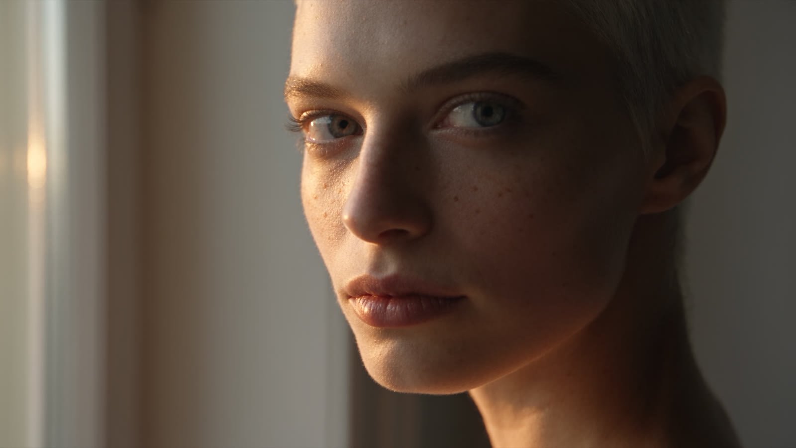 Close-up of a model's face in soft window light