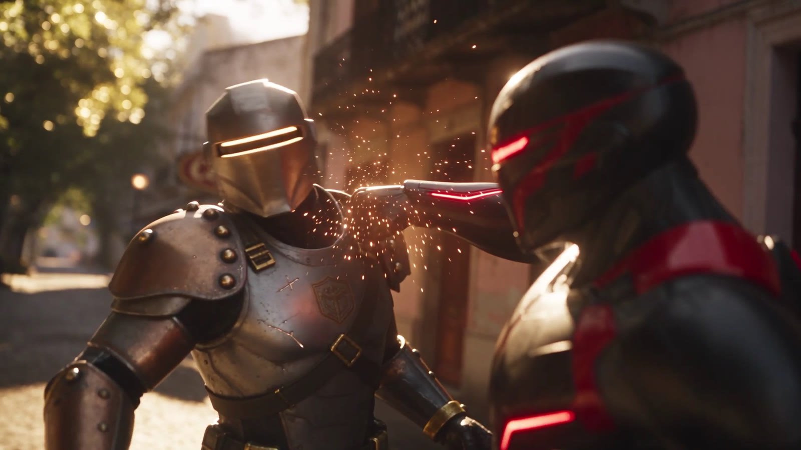 Two armored robots trading punches in a sunlit street