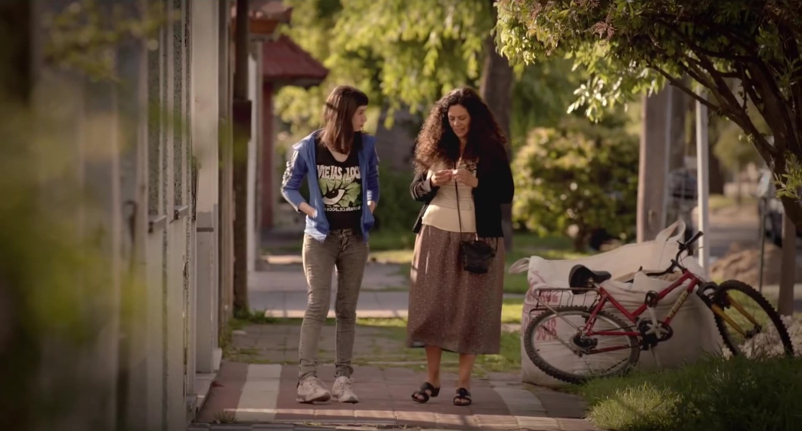 Two women walk down a tree-lined Buenos Aires street